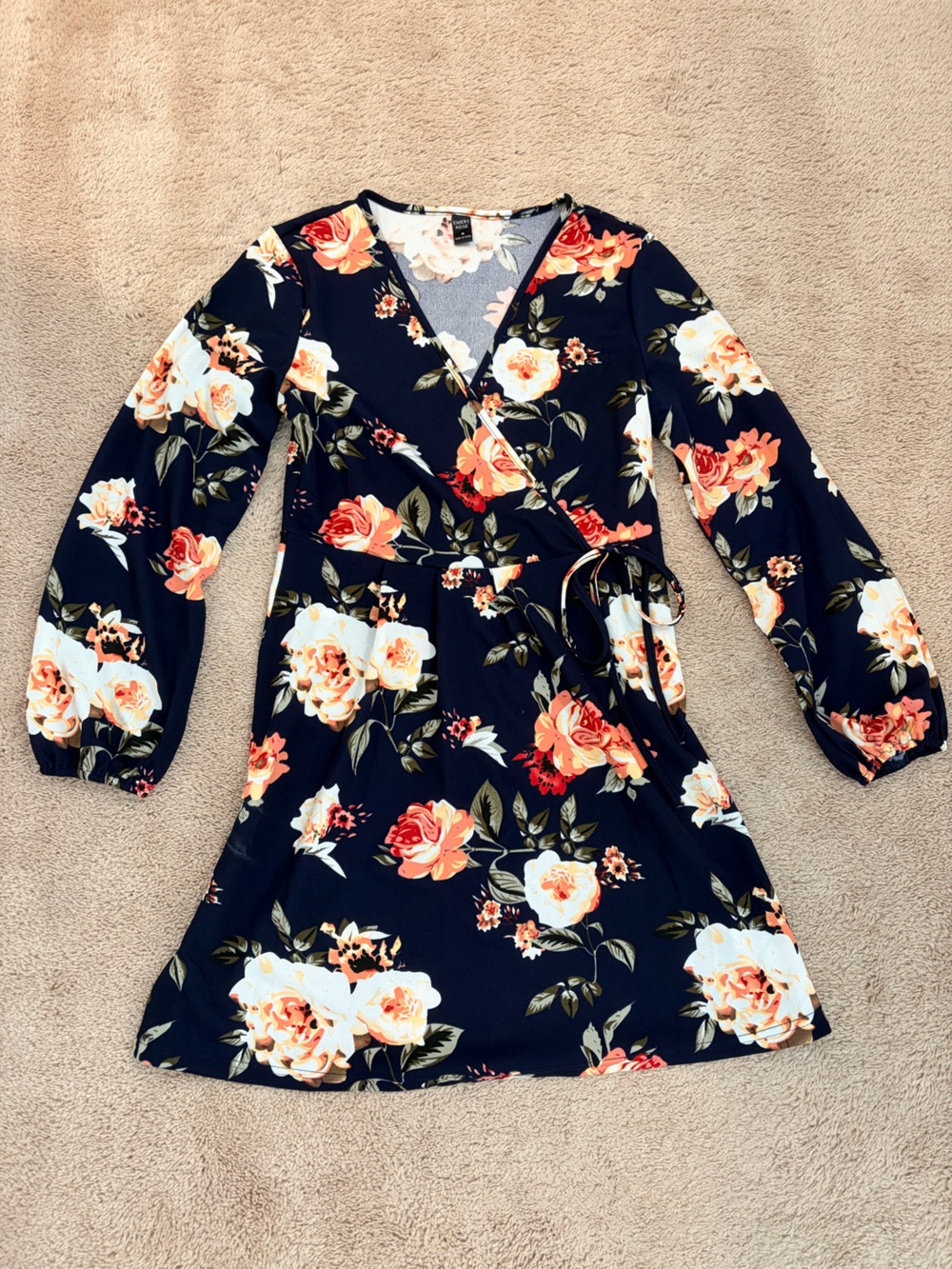 Emery Rose Navy Blue Floral Long Sleeve Faux Wrap Mini Dress - Size M - 108
